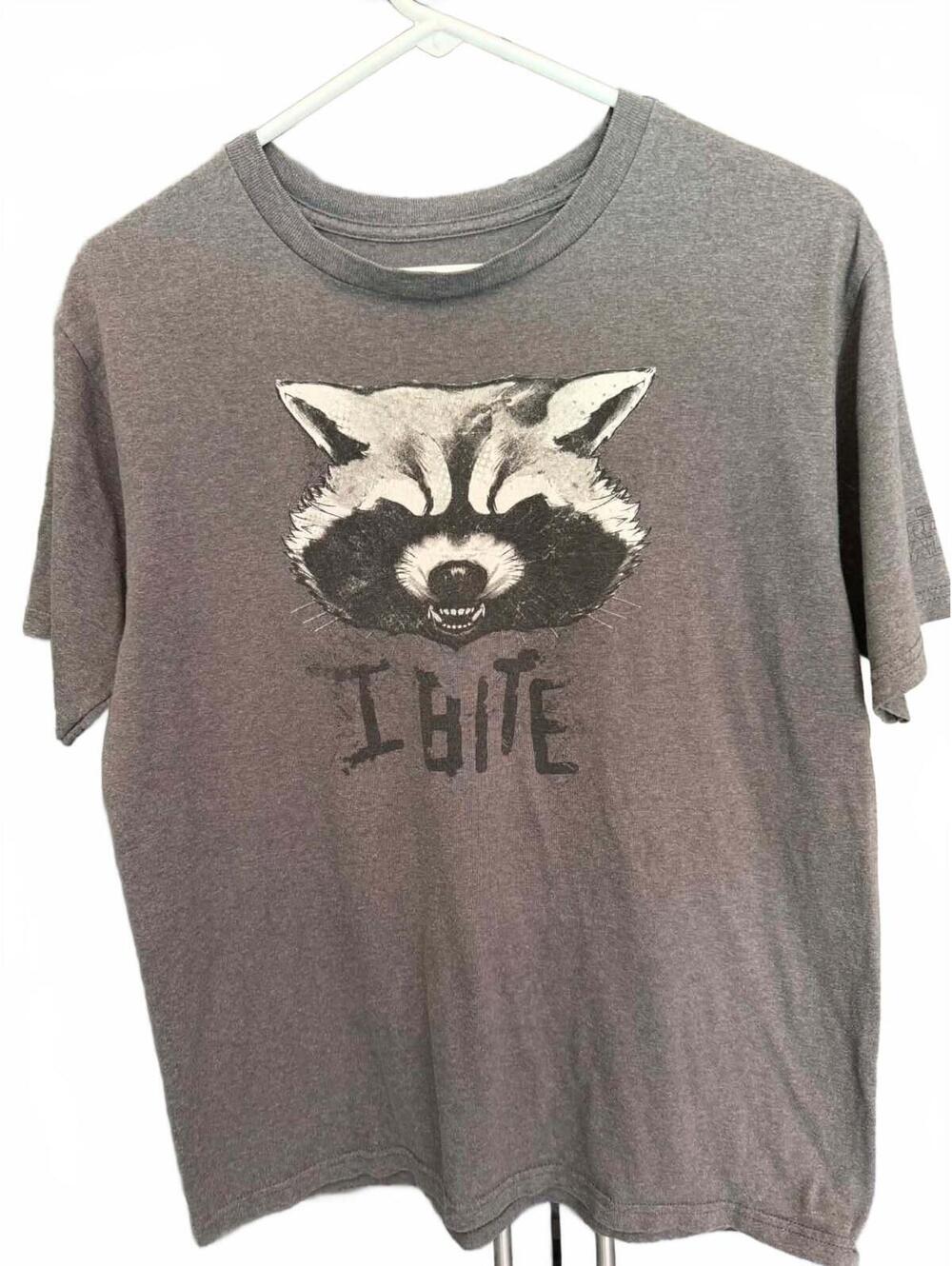 Rocket (Guardians of the Galaxy)  Gray 'I Bite' Raccoon Graphic T-Shirt Size S
